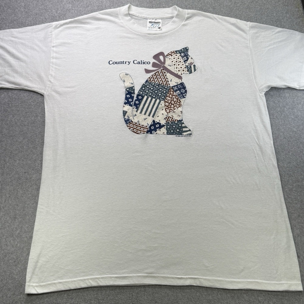 Vintage 1990 Country‎ Calico Cat T-Shirt XL Single Stitch Air Waves Made USA - Picture 2 of 9